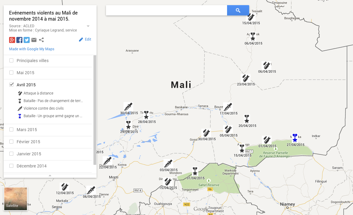 Carte des actes de violence au Mali au mois d'avril 2015