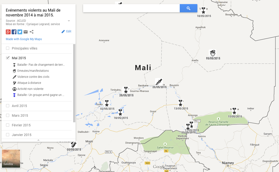 Carte des actes de violence au Mali au mois de mai 2015 (source: ACLED, réalisation: Cyriaque Legrand pour Edp)