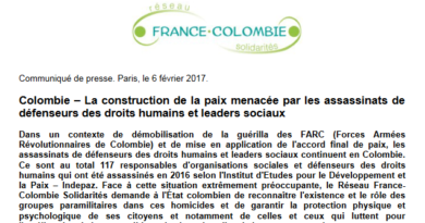Extrait du communiqué de France Colombie Solidarité